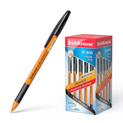 Erichkrause Boligrafo R-301 Stick&Grip 0.7 - Cuerpo Naranja con Agarre de Goma - Tinta de Secado Rapido - Color Negro
