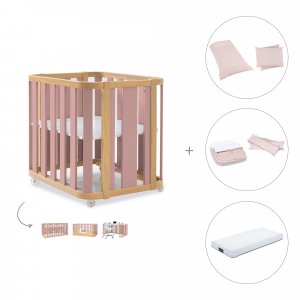 Minicuna-cuna (4en1) madera/rosa + colchón + textil Cremarosa · Crea Plus Tre Quarzo Rosa