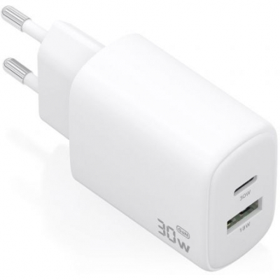 Cargador de Pared GaN Aisens A110-0977/ 1xUSB Tipo-C/ 1xUSB/ 30W/ Blanco
