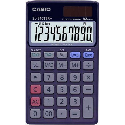 Casio SL-310TER+ Calculadora de Bolsillo - Pantalla LC Extragrande de 10 Digitos - Funcion Conversor de Euros - Color Azul Oscuro