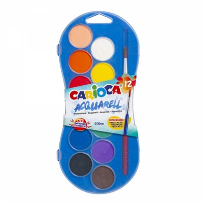 Carioca Acuarell Pack de 12 Acuarelas en Pastillas de Ø 30mm - Brillantes - Facilmente Mezclables - Colores Surtidos