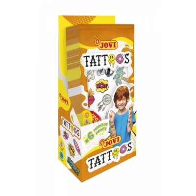 Jovi Expositor con 24 Packs de Tatuajes Temporales - 6 Laminas por Pack - Mas de 80 Motivos - Emoticonos, Animales, Objetos etc... - Sin Parabenos - Libre de Alergenos