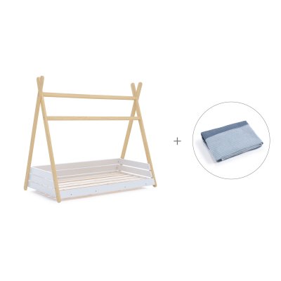 Cama cabaña Montessori madera 70x140 cm + toldo Alba Blu · Homy Life