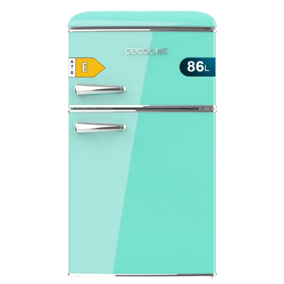 Cecotec Bolero CoolMarket 2D Origin 86 Green E Mini Frigorifico de Dos Puertas de 86L - Luz LED - Estilo Retro - Tirador Cromado - Cajon para Vegetales - 48.7x59.2x89.3cm - Color Menta