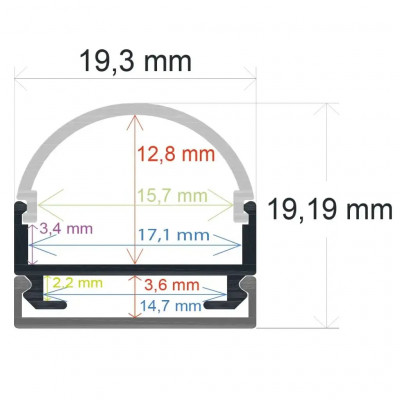 Perfil LED Superficie Colgante Curvo 19,3x19,2 mm