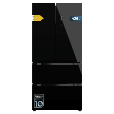 Cecotec Bolero CoolMarket FD 436 Black Glass E Frigorifico Puerta Francesa de 4 Puertas - 463L - Compresor Inverter - Modo Vacaciones - Puerta de Cristal - Frio Envolvente - 83.6x63.6x183cm - Color Ne
