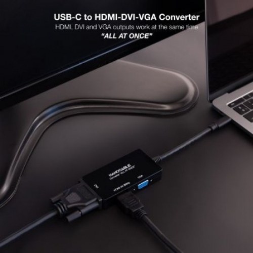 Adaptador Nanocable 10.16.4301-ALL/ USB Tipo-C Macho - HDMI Hembra - DVI-I Hembra - VGA Hembra/ 20cm/ Negro