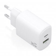 AISENS Cargador GaN 30W, 1xUSB-C PD3.0 QC4.0, 1xUSB-A QC3.0, Blanco