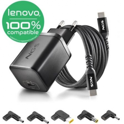 Cargador GaN de Portátil NGS BUD65W-L para Lenovo/ 1xUSB Tipo-C/ 65W/ Automático/ 5 Conectores/ Voltaje 5-20V