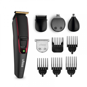 Cortapelos Ufesa GK6950, set de arreglo Titanium Pro, batería lítio, autonomía 120 min, 4 cabezales, cuchilla titanio, 13 medidas, bolsa viaje, negro y rojo