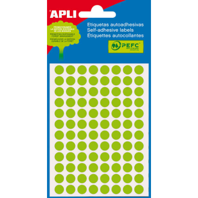Apli Minibolsa de 288 Etiquetas Redondas Ø 8mm - 3 Hojas por 96 Etiquetas - Adhesivo Permanente - Color Verde Fluor