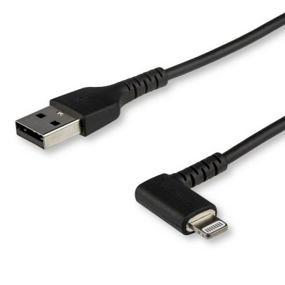 Cable Resistente USB-A a Lightning de 1 m - Negro -Acodado en un Ángulo de 90° a la Derecha - Cable de Carga y Sincronización USB Tipo A a Lightning de Fibra de Aramida Resistente - MFi - iPhone