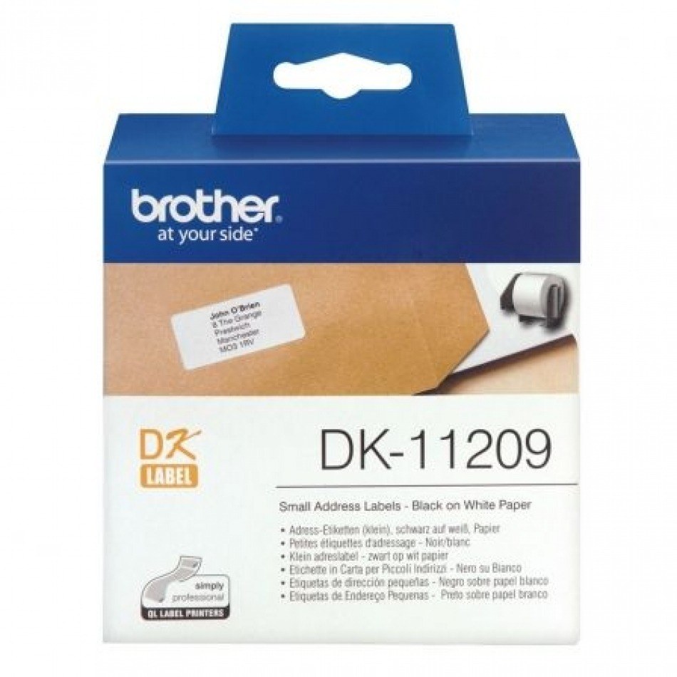 Brother DK11209 - Etiquetas Originales Precortadas de Direccion Pequeñas - 29x62 mm - 800 Unidades - Texto negro sobre fondo blanco