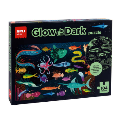 Apli Glow in the Dark Puzzle Fluorescente de 104 Piezas 5x5cm - Tematica Oceanos - Poster para Facilitar Montaje - Recomendado para Niños a partir de 5 Años