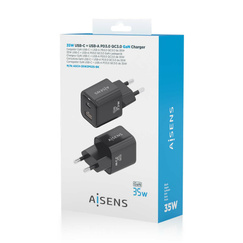 AISENS - CARGADOR GaN 35W, 1xUSB-C PD3.0 QC4.0, 1xUSB-A QC3.0, NEGRO