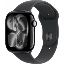 apple watch series 11 gps caja de aluminio negro azabache 46mm, color de correa negra correa deportiva talla m/l