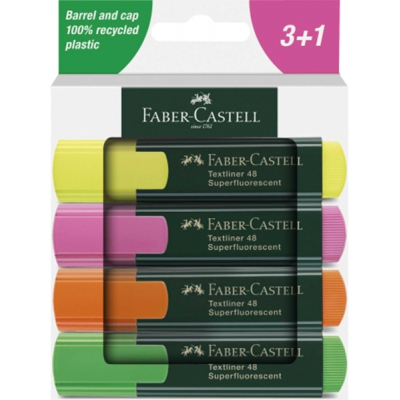 Faber-Castell Textliner 48 Pack de 4 Marcadores Fluorescentes - Punta Biselada - Trazo entre 1.2mm y 5mm - Tinta con Base de Agua - Colores Surtidos
