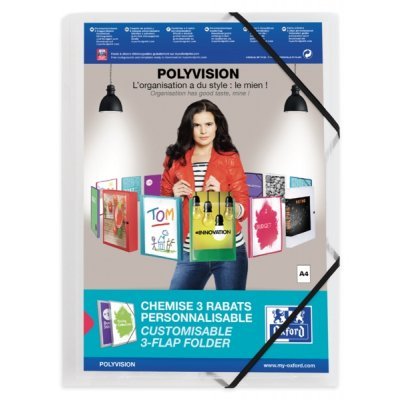 Oxford Polyvision A4+ Carpeta de Gomas 3 Solapas - Tapa de Plastico Personalizable - Lomo 30mm Transparente