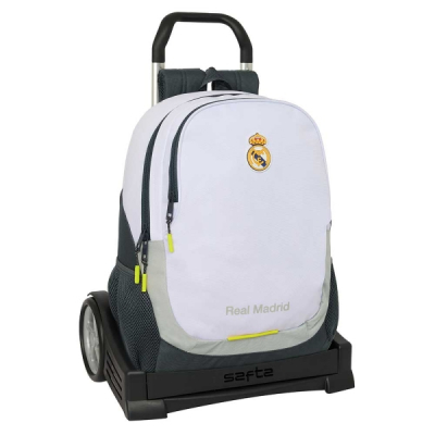 Safta Real Madrid Mochila de 22.5L con Carro Evolution Integrado - Portabotellas - Extraible para Limpieza - Carro de PP, Acero y PVC - 32x44x16cm - Color Blanco y Negro