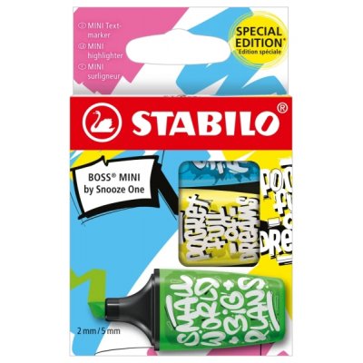 Stabilo Boss Mini by Snooze One Pack de 3 Mini Marcadores Fluorescentes - Trazo entre 2 y 5mm - Tinta con Base de Agua - Antisecado - Colores Surtidos