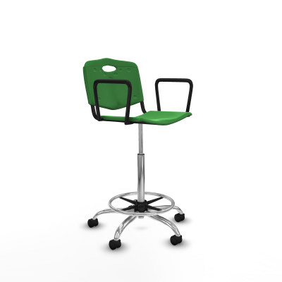 Taburete Robledo giratorio plástico verde brazos fijos base cromada ruedas nailon 50mm