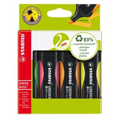 Stabilo Green Boss Pack de 4 Marcadores Fluorescentes - Fabricado con un 83% de Plastico Reciclado - Trazo entre 2 y 5mm - Recargable - Colores Surtidos