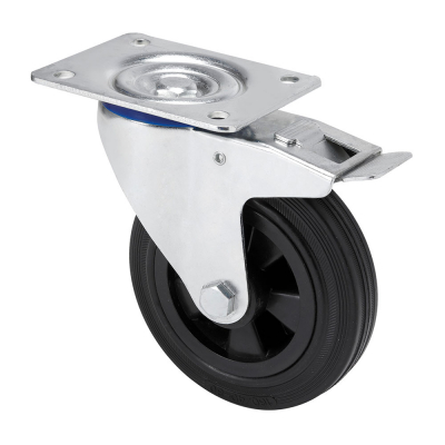 Rueda giratoria de goma natural con placa, eje liso y freno, color negro, carga máx. 60 kg, ø 8 cm