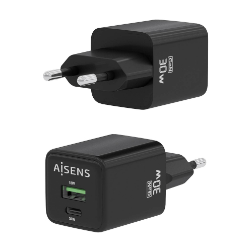 AISENS - CARGADOR GaN 30W, 1xUSB-C PD3.0 QC4.0, 1xUSB-A QC3.0, NEGRO