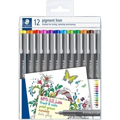 Staedtler Pigment Liner 308 Pack de 12 Rotuladores Calibrados - Trazo 0.5mm - Secado Rapido - Colores Surtidos