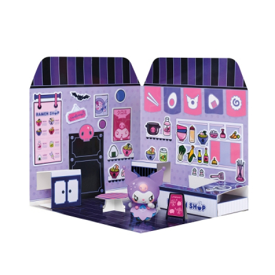Comansi Sticker House Kuromi Ramen Shop - Incluye Figura - Stickers Lavables - Escenario Adorable - Juego Creativo