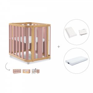 Minicuna-cuna (4en1) madera/rosa + colchón + textil cuna Taiga · Crea Plus Tre Quarzo Rosa