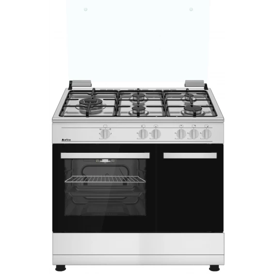 Cocina de gas Artica AKF9060IX, 90 cm, 5 fuegos, quemador Wok 3,6 kW, horno a gas 55 L, FFD, inox