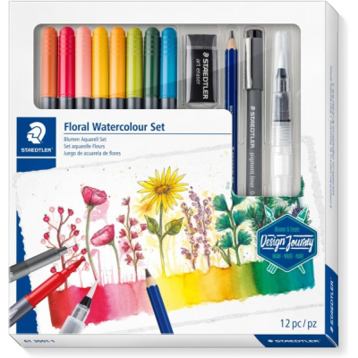 Staedtler Floral Watercolour Set Design Journey Pack con 8 Rotuladores Acuarelables Doble Punta en Colores Surtidos, 1 Rotulador Pigment Liner Negro, Lapiz Mars Lumograph Aquarell, Borrador Artistico