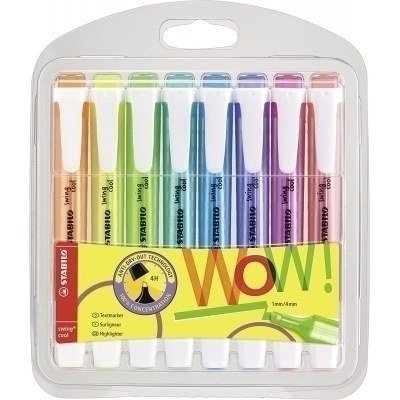 Stabilo Swing Cool Pack de 8 Marcadores Fluorescentes - Cuerpo Plano - Punta Biselada - Trazo entre 1 y 4mm - Tinta con Base de Agua - Antisecado - Colores Surtidos