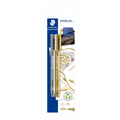 Staedtler Metallic Pen Pack de 2 Rotuladores de Punta Fina - Trazo 1 - 2mm - Tinta Base de Agua - Colores Oro y Plata