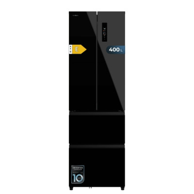Cecotec Bolero CoolMarket Combi F2D 400 Black Glass E Frigorifico Puerta Francesa de 4 Puertas - 400L - Luz LED - Compresor Inverter - Total Nofrost - Puerta de Cristal - 60x64x191cm - Color Negro