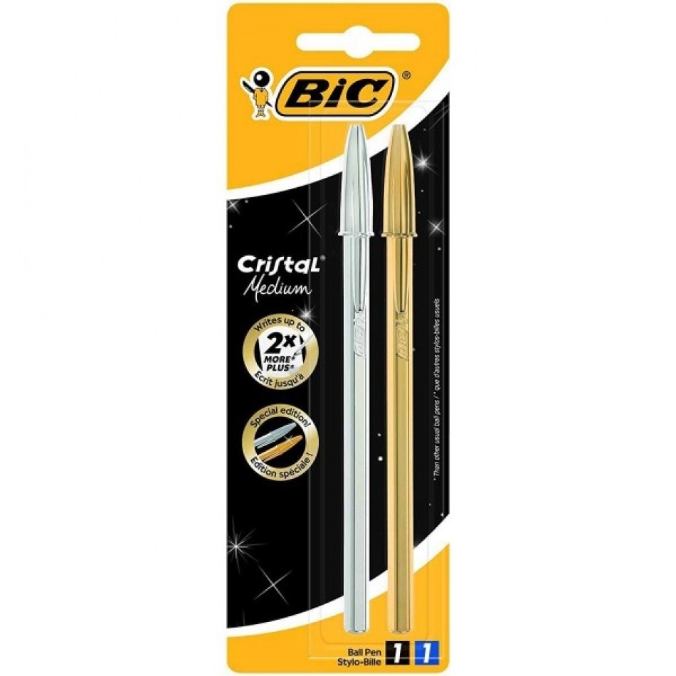 Bic Cristal Shine Pack de 2 Boligrafos de Bola - Punta Media de 1.0mm - Tinta con Base de Aceite - Cuerpo Plateado y Dorado - Color Azul y Negro