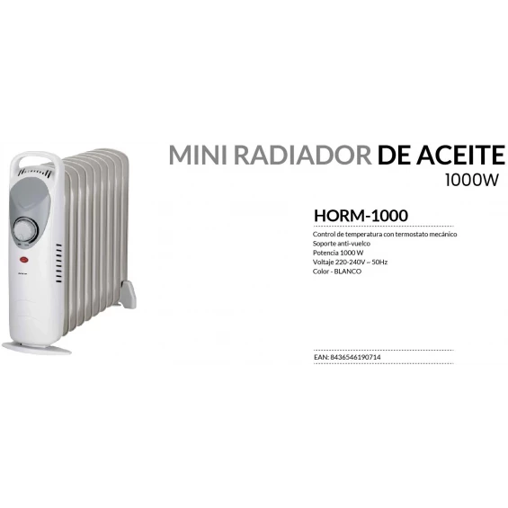 Radiador de aceite mini Infiniton HORM-1000, 1.000 W, 1 potencia, termostato regulable, blanco - imagen 3