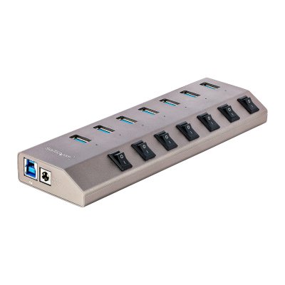 Hub USB-C Autoalimentado de 7 puertos con Interruptores Individuales - Concentrador USB 3.0 a 5 Gbps con Fuente de Alimentación - Ladrón USB Tipo C a USB-A - BC 1.2