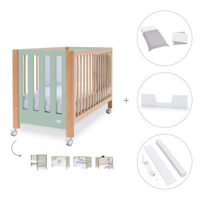 Cuna-escritorio madera/verde-menta (5en1) 60x120 cm + textil Carezza · Occa