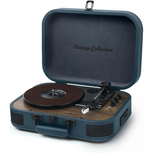 Giradiscos tocadiscos estéreo Muse MT-201 OB, Bluetooth, USB, MP3, con altavoces, RCA, entrada auxiliar, salida auriculares, azul y madera