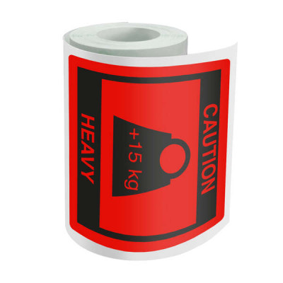 Dohe Rollo de 500 Etiquetas Adhesivas Pre-impresas Caution-Heavy - 80x80mm - Para Avisar de Cargas Pesadas - Ideal para Expedicion de Paquetes