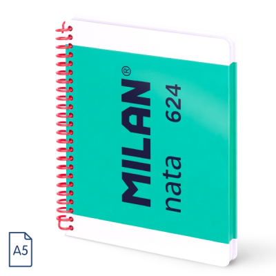 Milan Nata 624 Cuaderno A5 con Espiral - Hojas Blancas - 80 Hojas de 95g - Tapa Dura - Color Verde