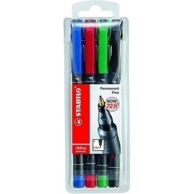 Stabilo OHPen Pack de 4 Rotuladores Permanentes - Punta Fina - Trazo de 0.7mm - Agarre Antideslizante - Tapon Ventilado - Colores Surtidos