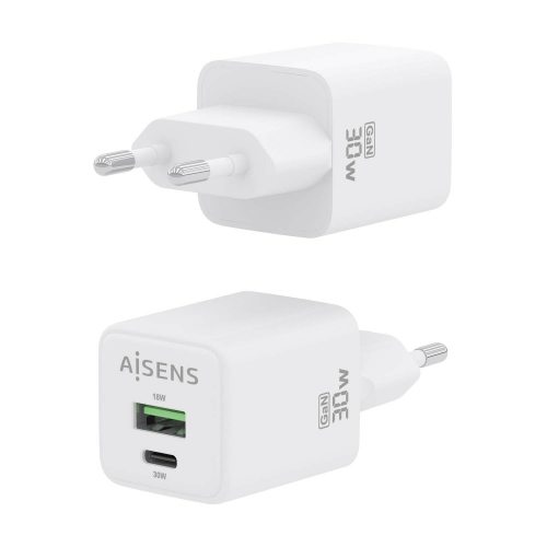 AISENS - CARGADOR GaN 30W, 1xUSB-C PD3.0 QC4.0, 1xUSB-A QC3.0, BLANCO