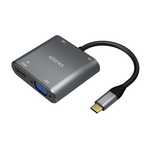 AISENS - CONVERSOR USB-C A VGA/HDMI 4K/USB3.0/USB-C PD, USB-C/M-VGA/H-HDMI/H-USB-A/H-USB-C/H, GRIS, 15CM