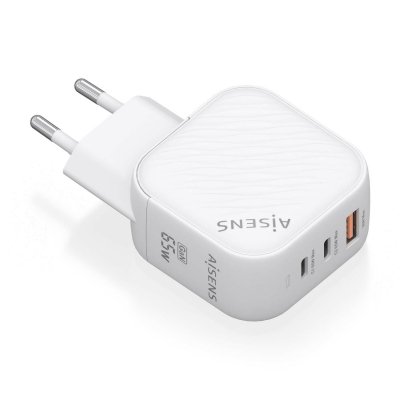 Cargador GaN 65W, 2xUSB-C PD3.0 QC4.0, 1xUSB-A QC3.0, Blanco