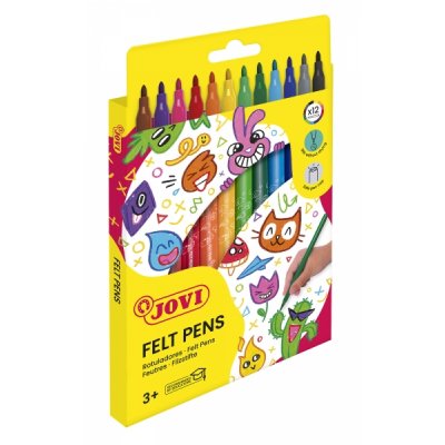 Jovi Felt Pens Estuche de 12 Rotuladores - Amplia Variedad de Tonos - Tinta de Gran Fijacion - Punta de 3mm - Capuchon de Seguridad Ventilado - Grip Triangular Ergonomico - Color Surtido