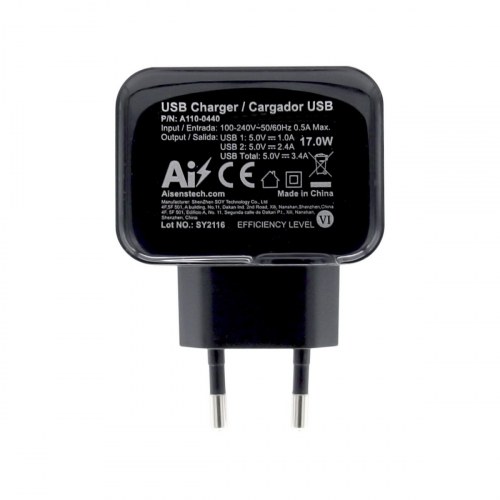 Aisens - Cargador Usb 17W 5V/3.4A, 2Xusb Con Control Ai, Negro