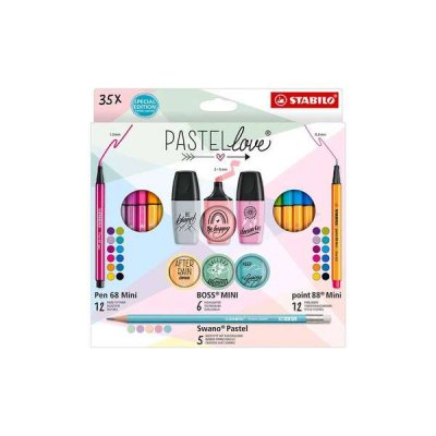 Stabilo Pastellove Pack de 35 Marcadores y Rotuladores - 12 Rotuladores Premium Pen 68 Mini, 12 Rotuladores Point 88 Mini, 6 Rotuladores Fluorescentes BOSS MINI Pastellove y 5 Lapices de Grafito Swano